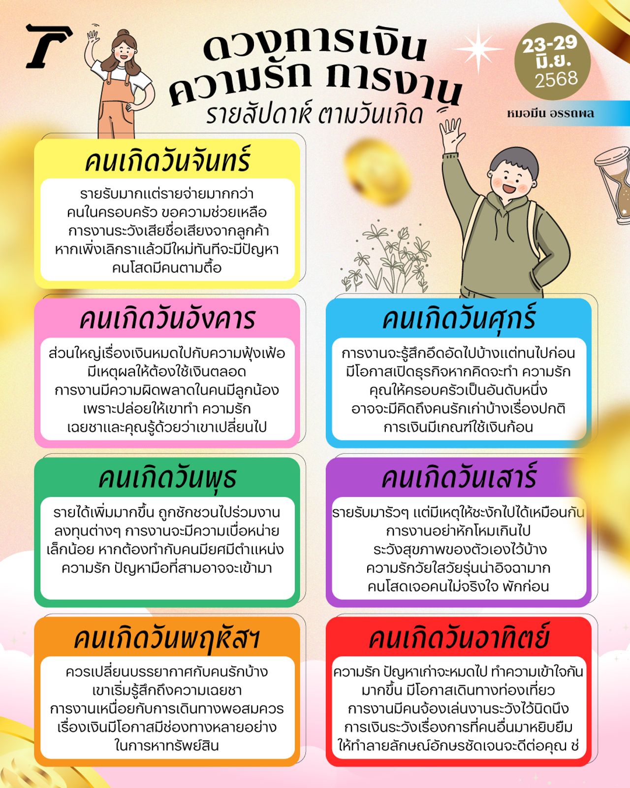 ดวง 23-29 มิ.ย. 68 รายรับไม่ขาดสาย แต่ระวังเสียค่าใช้จ่าย ค่าครองชีพมาก